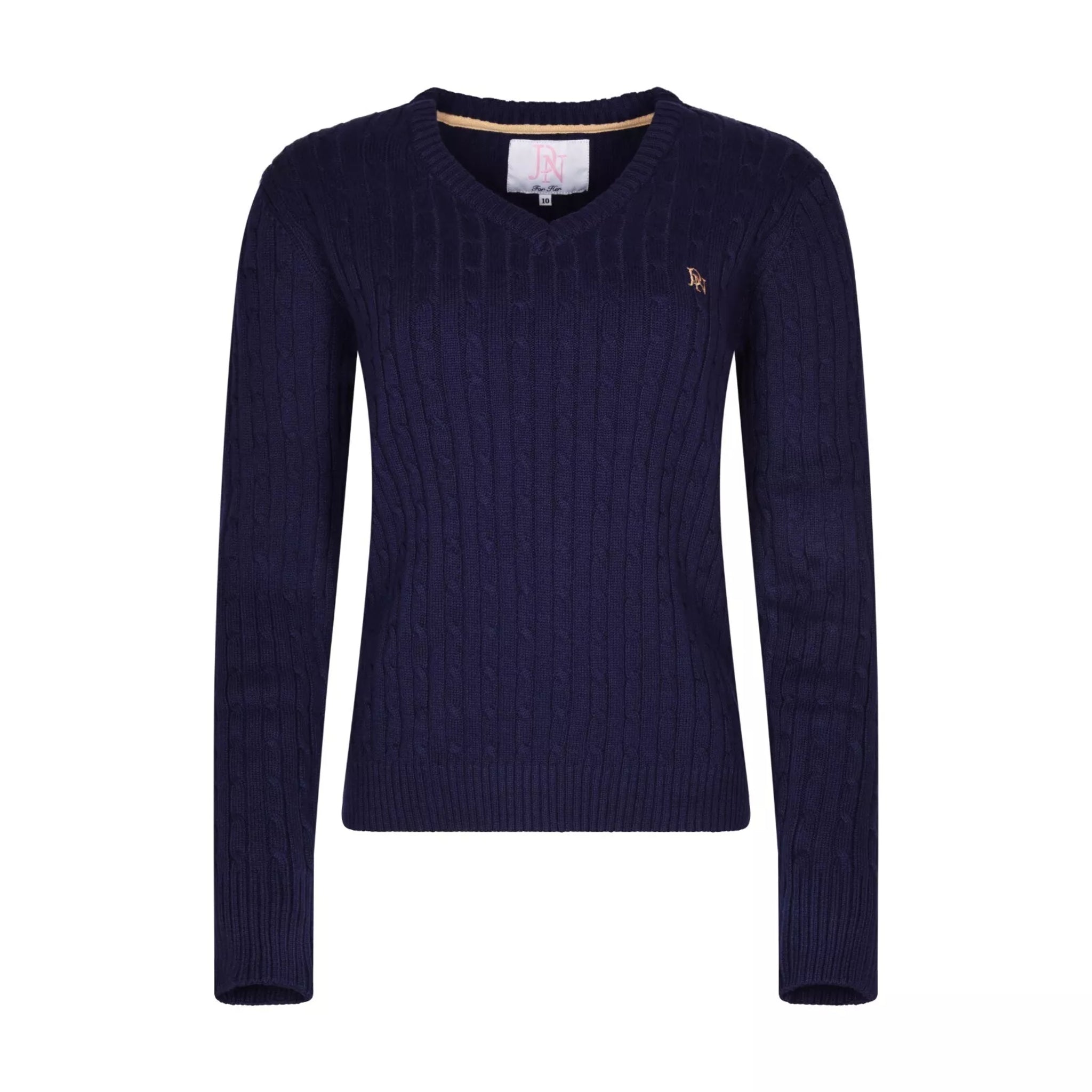 Ladies JDN navy blue V-neck cable knit jumper with long sleeves and embroidered chest logo